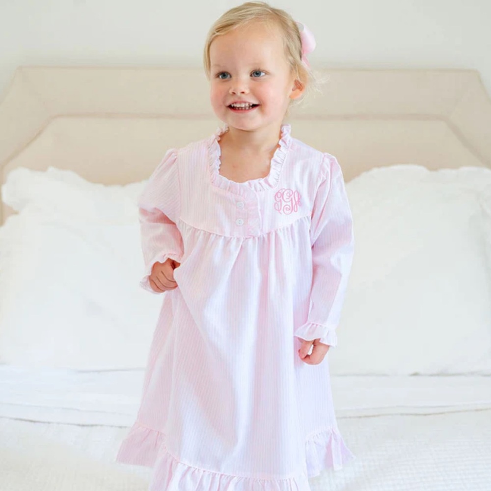 SWEET DREAMS EUC Pink Striped Long Sleeve Ruffle Nightgown